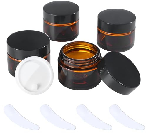 OverNews 2oz Amber Glass Jar Travel Size, 4PCS Empty Cosmetic Lotion Container with Black Lid & Spatula, Small Mini Jar for Beauty