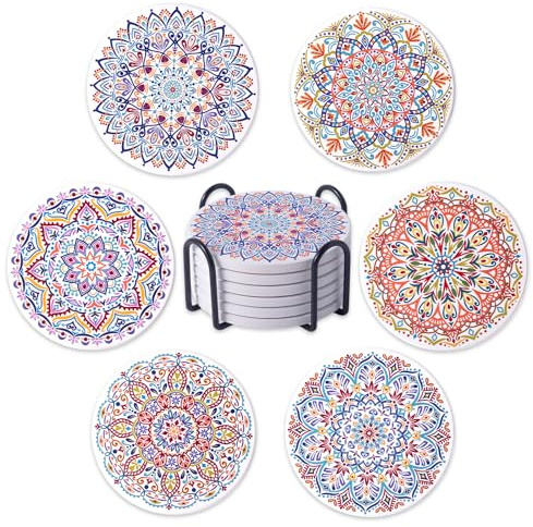 STARUBY 6 Stück Keramikuntersetzer, Untersetzer mit Halter, Untersetzer für den Couchtisch, saugfähig für Getränke, Küchen- und Esszimmerdekoration, 10 cm rund, Blau