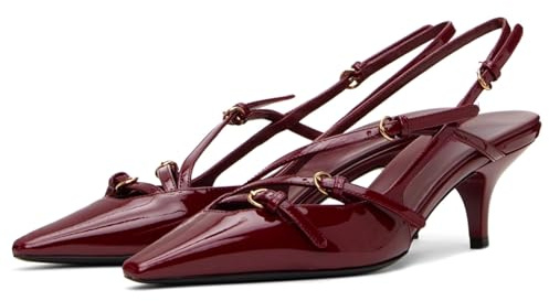 CORNMOOD Slingback Kitten-Heels für Damen, Stiletto-Absätze, spitzer Zehenbereich, mit Schnallenriemen, Absatz, Pumpschuhe, sexy, Burgundy Low, 39 EU