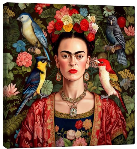 Posterlounge Frida Kahlo mit exotischen Vögeln Leinwandbild | 40 x 40 cm von Mark Ashkenazi Bunt Wandbilder Wanddeko