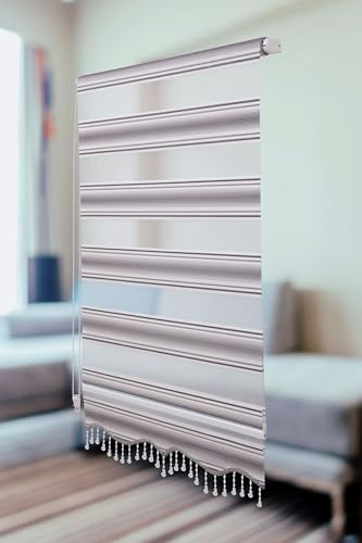 PlisseeOnline Doppelrollo Klemmfix ohne Bohren Grau Weiß Glitzer mit Perlen Duo Rollo für Fenster und Türen Plissee Rollo Gardine 130 x 150 cm Blickdicht Klemmrollo mit Perlen Seitenzugrollo