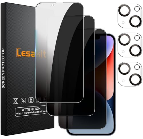 Lesakit 3+3 Pack Privacy Screen Protector for iPhone 14 6.1-Inch with 3 Pack Camera Lens Protector, Anti Spy Tempered Glass Film 9H Hardness Case Friendly