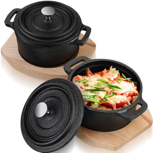 Suttmin 2 Sets 17 oz Mini Dutch Oven Cast Iron Pot with Lid Wood Base