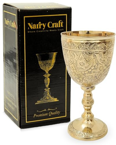 NARRY CRAFT Solid Brass Vintage Chalic Goblet Medieval Handmade Decorative Wine Glass Communion Cup with Royal Embossed Design 1Pcs (Without Box, Gold)