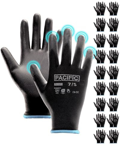PACIFIC PPE 18 Paires de Gants de Travail, Protection Légère, 7/S, Noir | pour Hommes et Femmes, Adhérence, Touchscreen, Respirants, Atelier, Mécanique, Jardinage, Entrepôt, Électronique, Réparation