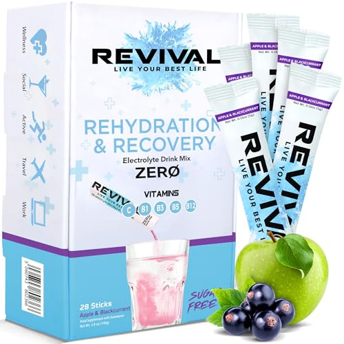 Revival Zero Rehydration Electrolytes Powder - Sugar Free Hydration Sachet Drink with Vitamins C, B1, B3, B5, B12-28 Pack Apple & Blackcurrant