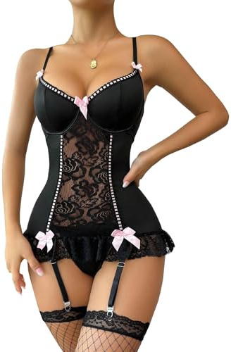 BEINF Completo Intimo Donna Set di Lingerie Donna Sexy Floreale Pizzo Body con Giarrettiera V Neck Bow Front Babydoll Underwire con Calze 3 Pezzi Nero S