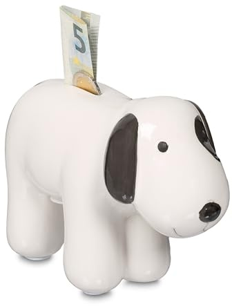 Relaxdays Spardose Hund, Trinkgeldkasse Münzen & Scheine, Sparschwein mit Öffnung, HBT 12x21x9 cm, Keramik, schwarz-weiß