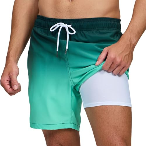 outfit spring Badbyxor för män, 2-i-1 kompressionsshorts nätfoder, snabbtorkande andningsbara strandshorts med fickor och dragsko shorts med kort hav surf, Grön gradient, XL