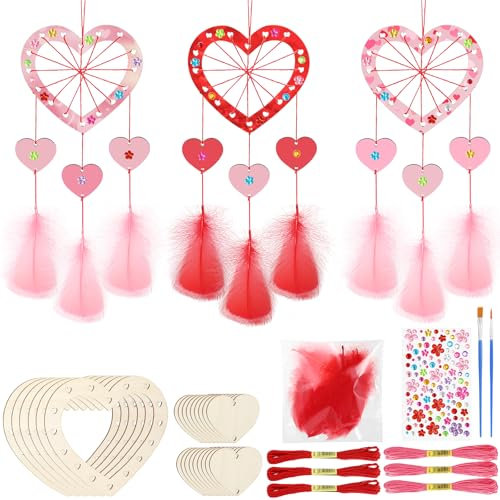 MWOOT 6 Pcs Manualidades de Atrapasueños de Corazón, DIY Kit Atrapasueños de Madera en Forma de Corazón con Pluma, Adornos Colgantes para Día de San Valentín Dormitorio Pared Casa Decoración