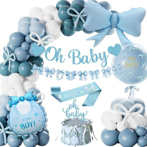 Baby Shower Decorazioni Bimbo, Palloncini Blu e Bianchi Baby Shower Boy Ghirlanda Oh Baby, Palloncino Fiocco, Mummy to Be Fascia, Topper per Torta Gender Reveal Party Decorazioni