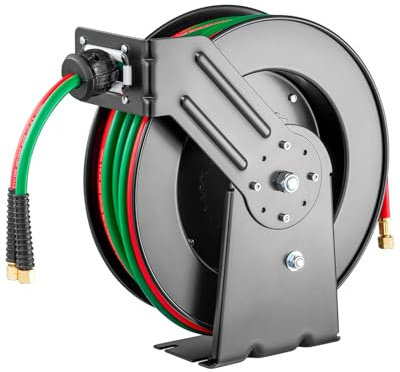 VEVOR Retractable Welding Hose Reel, 1/4-Inch x 50FT Twin Oxygen Acetylene Rubber Hose Max 300PSI - R Grade, Ceiling/Wall Mount Heavy Duty Steel Hose Reel Auto-Rewind, Ideal for Workshops Garages