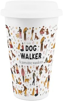 Purely Home Dog Walker Ceramic Travel Mug - Funny Novelty Job Gifts for Dog Sitters - Reusable Silicone Lid Double-Walled Insulated Drinks Flask Cup