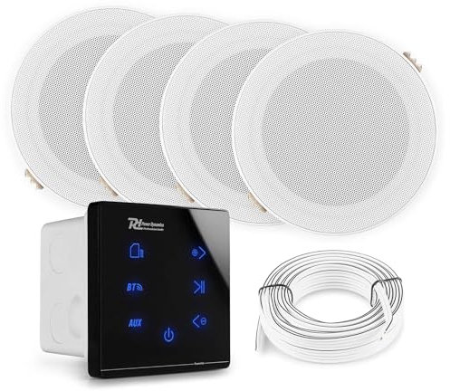 Power Dynamics A100 Bluetooth Deckenlautsprecher 4er Set – 4X Einbaulautsprecher 5 IPX5 Wasserdicht – 160 Watt Verstärker – Badezimmer & Außenbereich – Unterputzradio, 55mm Tief - Weiß/Schwarz