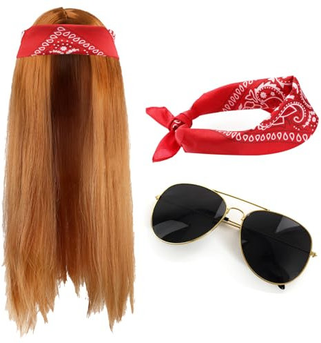 Adults 80s Rock Star Accessory Set - Long Ginger Wig, Paisley Red Bandana, and Black Sunglasses - Mens 1980s Rock Band Fancy Dress Costume Accessory Set