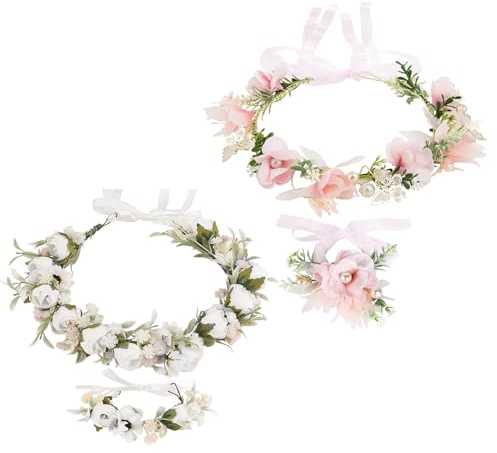 CharmeFleur 2 Stück Blumenkranz Blumenkrone Haarband, Rose Braut Haaraccessoires mit Armband Set Hochzeits-Haarband für Festival, Party, Hochzeit, Strand (Pink und Weiß)
