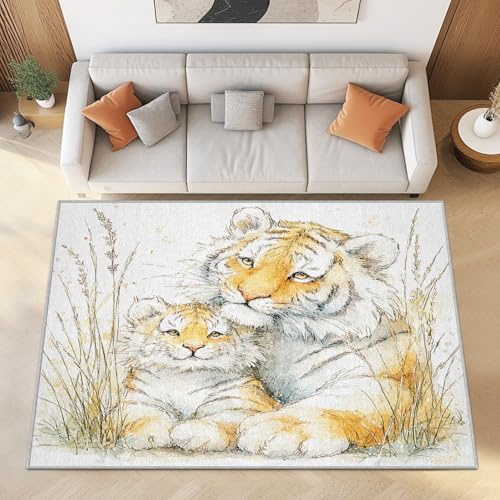 Generisch Tiger Teppich Läufer Flur 80x150cm, Niedlich Tiere Waschbare Teppiche, Weich rutschfest, Aquarell Tierwelt Kurzflor Rug für Wohnzimmer Küchen Schlafzimmer Bettvorleger