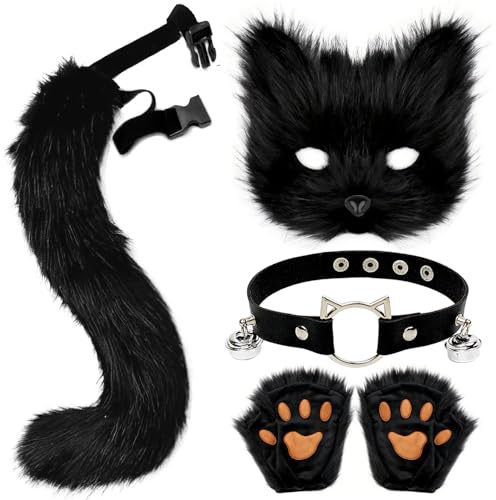 Pelzige Katzen Fuchs Maske, Wolf Fox Schwanz,Halskette und Handschuh,Pelzige Fuchs Maske,Katze Fuchs Cosplay,Halloween Party Cosplay Kostüm Accessoire (Schwarz)