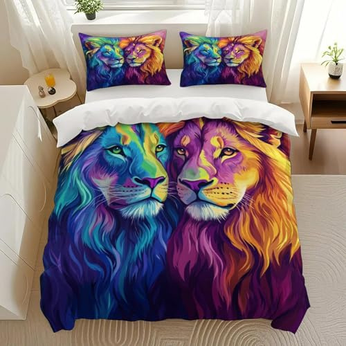 EISISANUN Colorful Lion Duo Bedding Comforter Sets Bedding Set 3 Pieces (1 Duvet Cover 2 Pillowcases) with Zipper Closure Lightweight