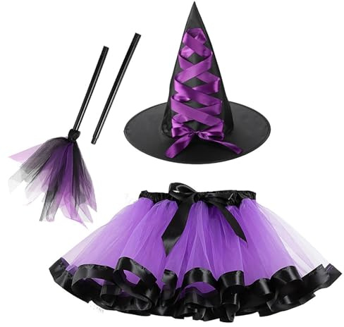 wiroouia Tjej Trollkarl Dräkt, Små Flickors Häxklänning 3-delars Set, Kvast Tillbehör Med Hatt Utklädning Karneval Rollspel Cosplay Fest