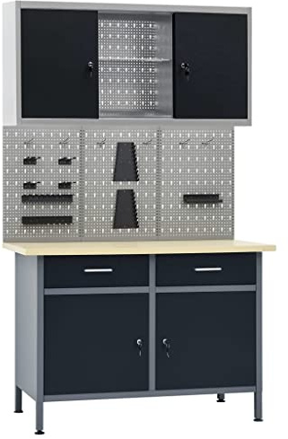 Emmtore Werkbank mit 3 Werkzeugwänden 1 Wandschrank Werkzeugschrank Werktisch Montagewerkbank Hängeschrank Lochwand Werkstatteinrichtung