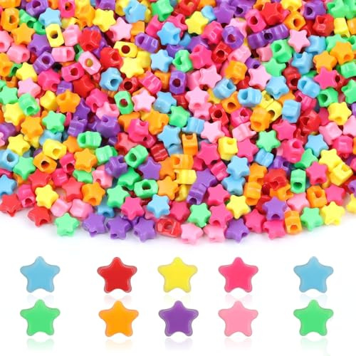 UCLEVER 1000 Stück Bunte Pony Perlen mit Zum Stern Auffädeln Große Loch 6x9mm Kandi Beads Bastelperlen für Armbänder Halsketten Schlüsselanhänger Schmuckherstellung Basteln (Bunt-Mix-Stern)