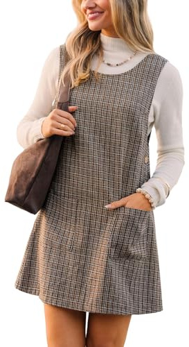 CUPSHE Women's Fall Dresses Houndstooth Pinafore Dress Side Buttons Crewneck Plaid Overall Mini Dress with Pockets Brown, M