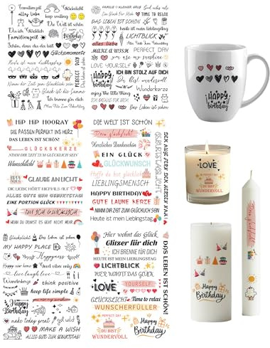 KONFEN 6 Stück Geburtstag Kerzen Aufkleber, DIY Deko Kerzentattoos Wasserschiebefolie, Rub Ons Transferdruck Wunschkerze Kerzenfolie Kerzensticker Sprüche Geschenk Feier Starke Haftung Farbige Muster