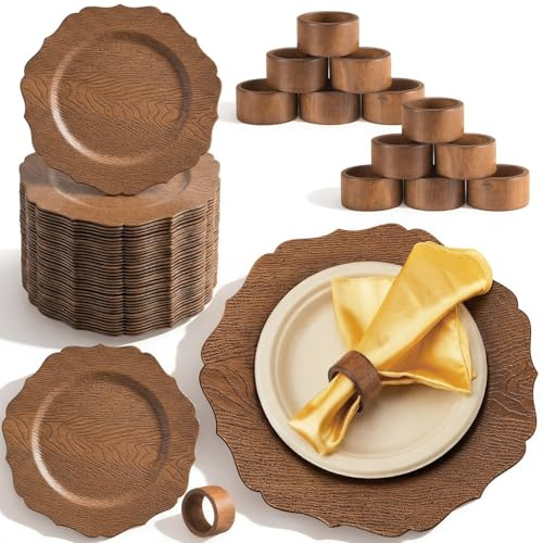 Havawish 12 Set 13 Rustic Brown Wooden Textured Acrylic Charger Plates with 12 Pcs Handmade Acacia Wood Napkin Ring, Farmhouse Round Charger with Scalloped Rim for Dining Weddings Party Table Decor