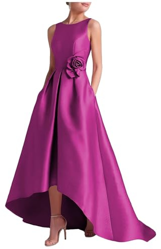 KIYNE Robe de mère de la mariée en satin avec poches, robe florale haute et basse pour invitée de mariage, fuchsia, 46 Grande taille