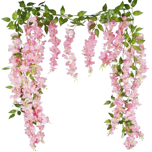 CEWUDA 2 Pcs Wisteria Hanging Flowers Wisteria Flowers Vine Garland Wedding Arch Decoration Pink Artificial Wisteria Vines Hanging Flower Vines Silk for Party Garden Home Table Backdrop 6 Feet