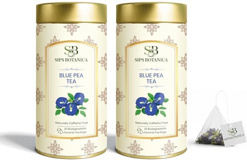 SIPS BOTANICA Aparajita Flower Herbal Tea | 60 Pyramid Tea Bags Packed in 2 Tins | Enchanting Blue | Rich in Antioxidants | Caffeine Free | Plantbased Biodegradable Tea Bags