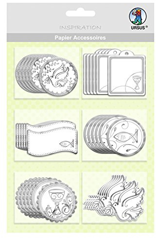 Ursus 56500056 - Papier Accessoires Charity, christliche Symbole, silber/weiß, 36 Stück in 6 Motiven, einseitig bedruckt und veredelt, ideal zur Verzierung von Karten, Scrapbooking und Geschenken