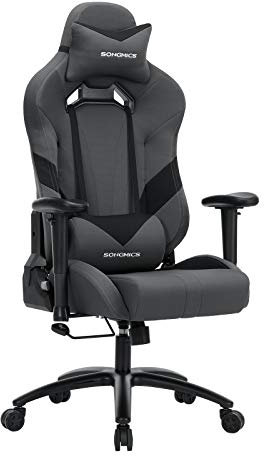 Songmics Bürostuhl Gaming Stuhl Chefsessel ergonomisch mit Verstellbare Armlehnen, Kopfkissen Lendenkissen 66 x 72 x 124-132 cm Grau-Schwarz RCG13G