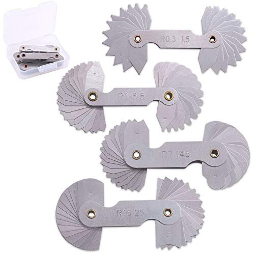 Glarks 4 Pack R0.3-1.5/ R1-6.5/ R7-14.5/ R15-25 Radius Gauge Set, Stainless Steel Radius Fillet Gage Portable Concave Convex Measuring Tool for Tool and Die Makers Check