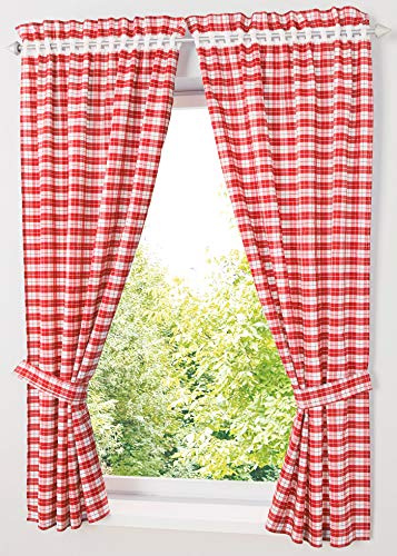 Yaland Blickdichter Vorhänge mit Karo-Muster Landhaus Gardinen Wohnzimmer Gardinenschals mit Raffhalter (HxB 140x80cm, rot) 2 Stück