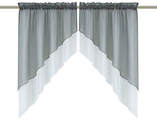 HeichkelL Scheibengardinen Bogen, Grau BxH 90x100 cm (Jedes Stück) | Voile Gardinen Set 2-Teilige, Kleinfenster Vorhang, Tunnelzug Kurzstores, Doppelschichtige Küchengardinen