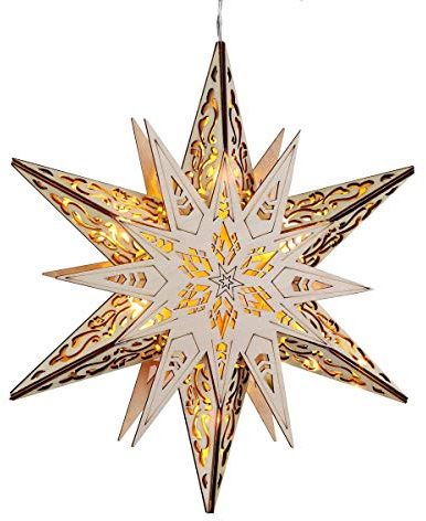 LED Weihnachtsstern beleuchtet aus Holz - Adventsstern Ø 30 cm - Leuchtstern Fenster Deko, batteriebetrieben