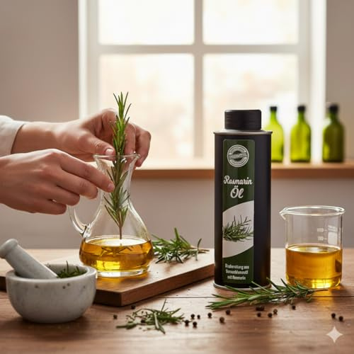 Odenwälder Lebensmittel Rosmarin-Öl, Premium Speiseöl mit echtem Rosmarin hochwertigem Sonnenblumenöl, Ideal zum Braten & Marinieren – Made in Germany – 250ml