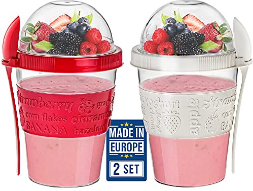 Crystalia Reusable Yogurt Pots w/ Lids, 2PCs 600ml100% BPA Free Overnight Oats Container, Yoghurt Container, Dishwasher Safe, Cereal On The Go, Breakfast Pots To Go, Muesli To Go Cup, Red & Cream