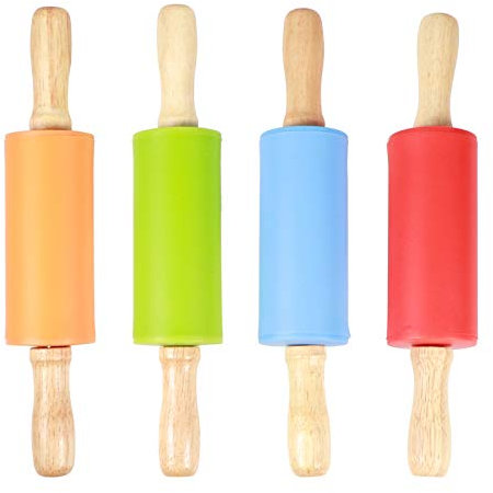 4 Piezas De Rodillo De Masa De Silicona Superficie Antiadherente Antiadherente Roller De Masa De Masa Para NiñOs Mango De Madera Para Hornear, Corteza, Galletas, Dulce De AzúCar, Pizza