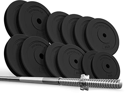 Physionics® Langhantel Set - Langhantelstange 120/165/180 cm, aus Stahl, Hantelscheiben (Ø30/31 mm) 20/30/60/80/100 kg, Sternverschlüsse - Hantelstange mit Gewichten, Hantelset
