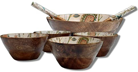 Chirpy Hummingbird Wooden Salad Bowl Set – 7 Piece Mango Wood Serving Bowl Set with 4 Portion Bowls & 2 Spoons – Handmade Food-Safe Enamel Interior for Salad, Pasta, Fruit Serving (Serves 3–5)