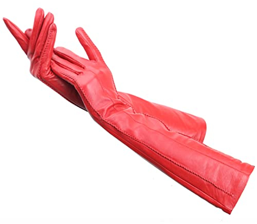 Mehrfarbige Damenhandschuhe 50 cm lang Lederhandschuhe Schaffell Damen Lederhandschuhe Warm Damen Winterhandschuhe Rot 7,5