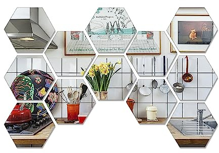 CINGHIA Spiegelfliesen Selbstklebend, 12 Stück Klebespiegel für Die Wand, Selbstklebender Spiegel für DIY Wohnzimmer Schranktür 18x16,5x9cm