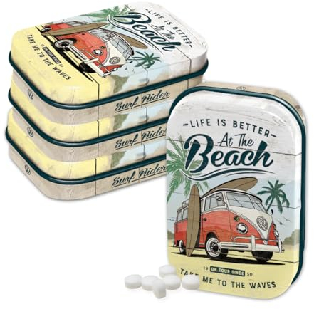 Nostalgic-Art Retro Pillendose, 4 x 6 x 1,6 cm, VW Bulli – Beach (4er-Set) – Volkswagen Bus Geschenk-Idee, Original Lizenzprodukt (OLP), mit Pfefferminz-Dragees, Vintage Design