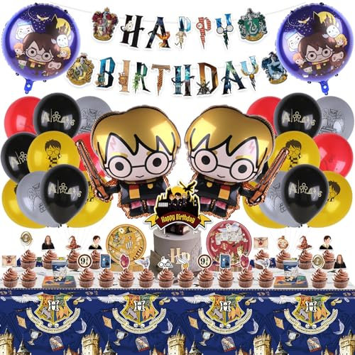 113PCS Magical Wizard Party Supplies Set with Birthday Decorations - Cake Toppers, Table Cloth, Napkins for Boys and Girls