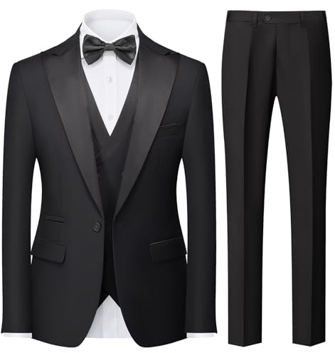 Rogers & Morris Tuxedo Suits for Men Solid 3 Piece Slim FitFormal Set Peak Lapels One Button Jacket Vest Pants Black XL