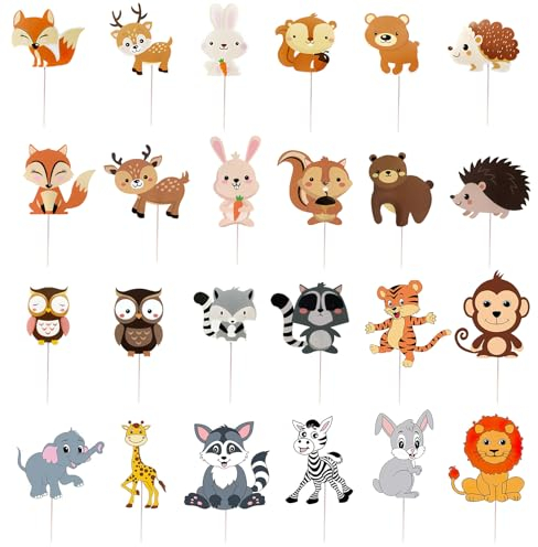 24 Pcs Woodland Party Cupcake Toppers, Animal Cake Topper Decorations Wild One Theme Birthday Decoration, Forest Animals Friends Creatures Cake Toppers for Baby Shower Party Jungle Theme Supplies