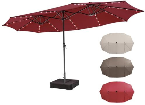 RELAX4LIFE Ombrellone Doppio da Giardino con Base 450 x 260 cm, Parasole con Luci LED e Manovella, Tetti Ventilati per Patio, Cortile, Ristorante (Bordeaux-Luci+Base)